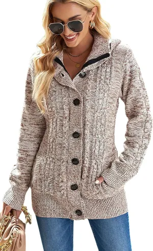 ebossy Women's Button Down Cable Knit Cardigan Sweater Thicken Warm Winter Hooded Fleece Lined Sherpa Coat