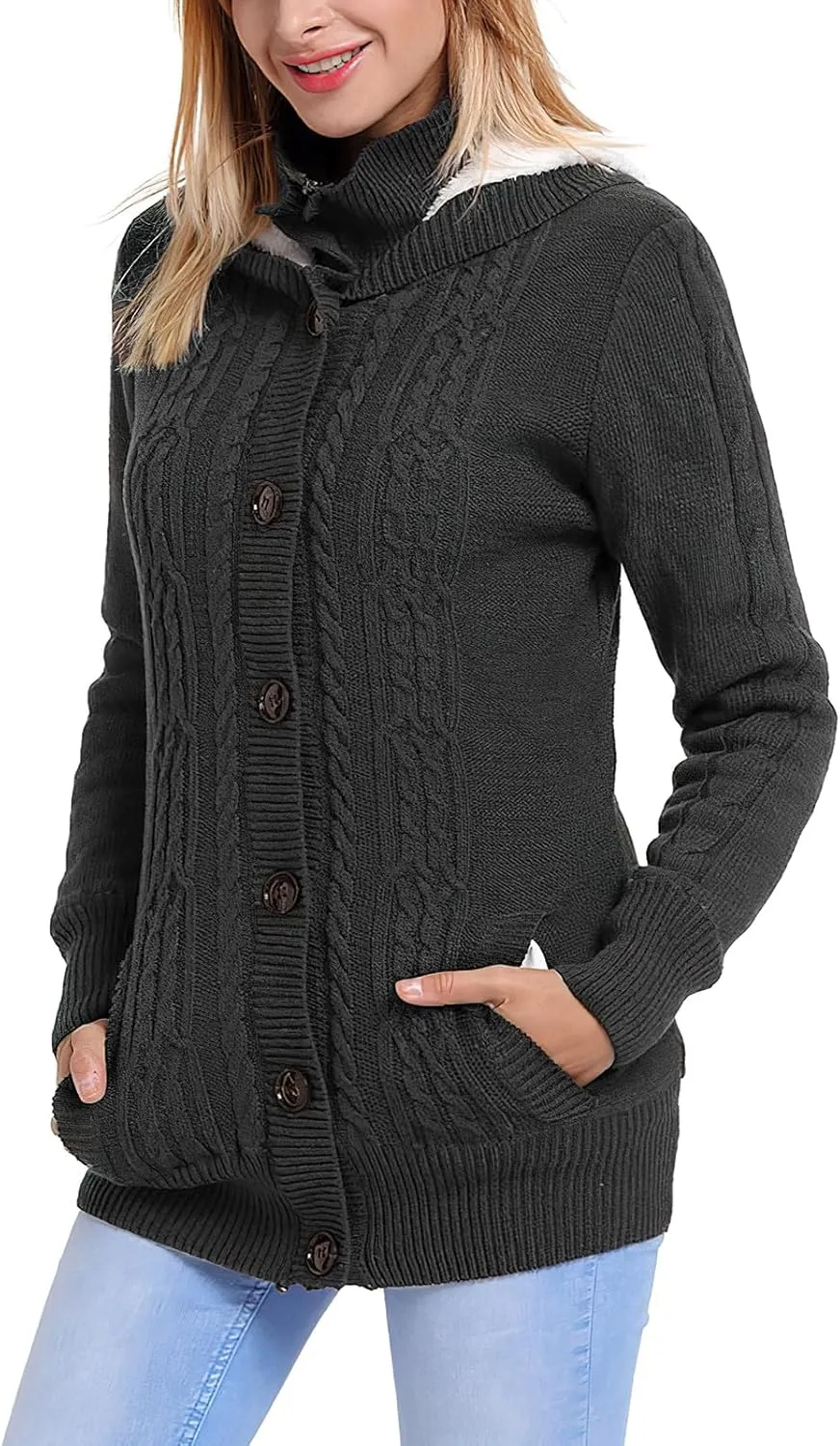 ebossy Women's Button Down Cable Knit Cardigan Sweater Thicken Warm Winter Hooded Fleece Lined Sherpa Coat