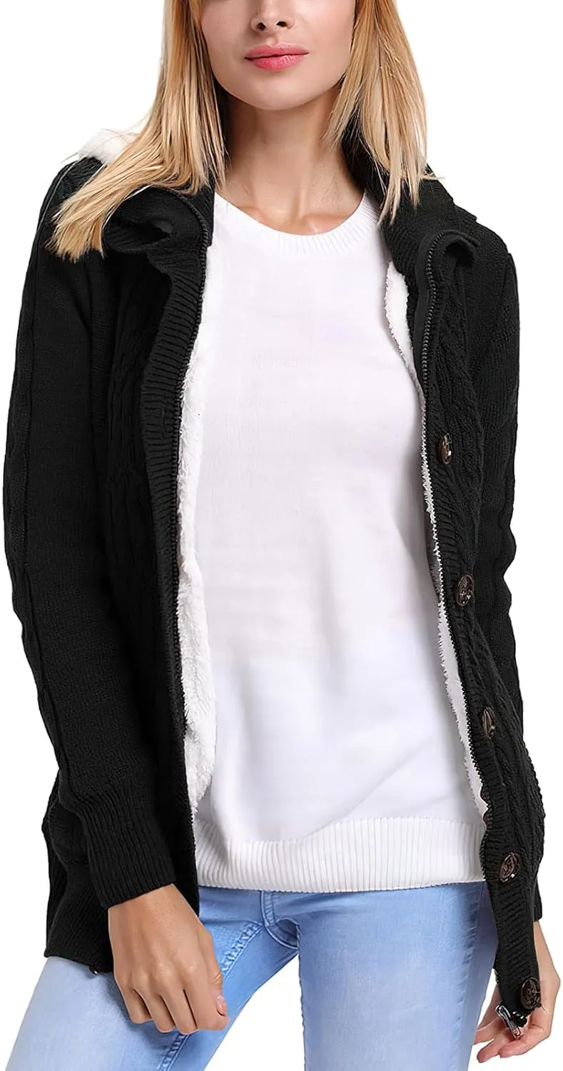 ebossy Women's Button Down Cable Knit Cardigan Sweater Thicken Warm Winter Hooded Fleece Lined Sherpa Coat