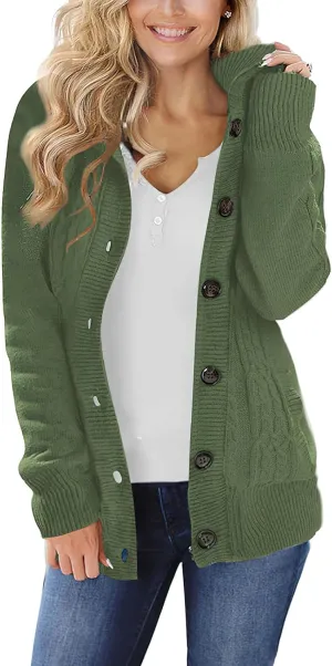 ebossy Women's Button Down Cable Knit Cardigan Sweater Thicken Warm Winter Hooded Fleece Lined Sherpa Coat