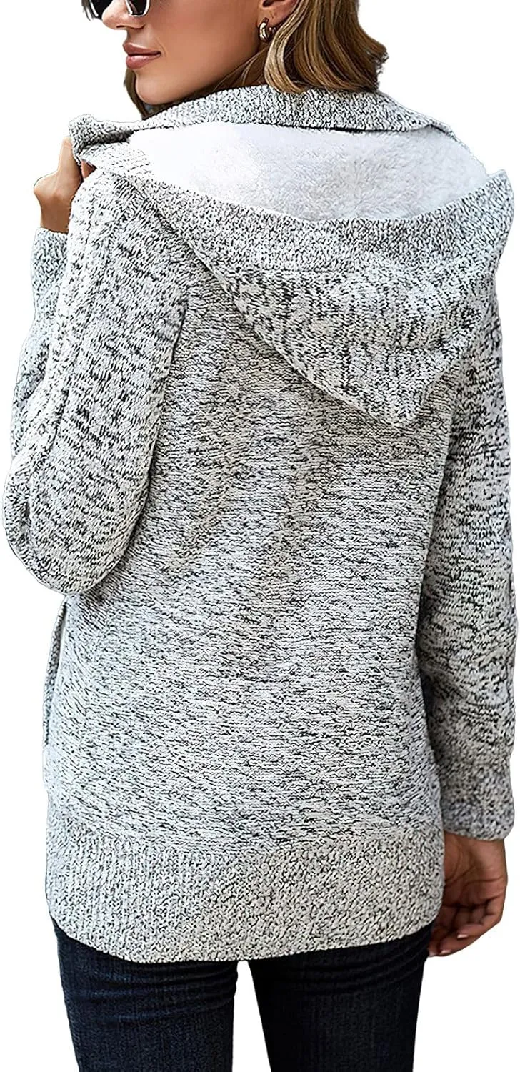 ebossy Women's Button Down Cable Knit Cardigan Sweater Thicken Warm Winter Hooded Fleece Lined Sherpa Coat