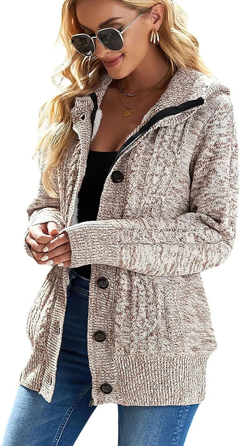 ebossy Women's Button Down Cable Knit Cardigan Sweater Thicken Warm Winter Hooded Fleece Lined Sherpa Coat