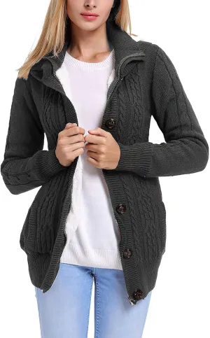 ebossy Women's Button Down Cable Knit Cardigan Sweater Thicken Warm Winter Hooded Fleece Lined Sherpa Coat