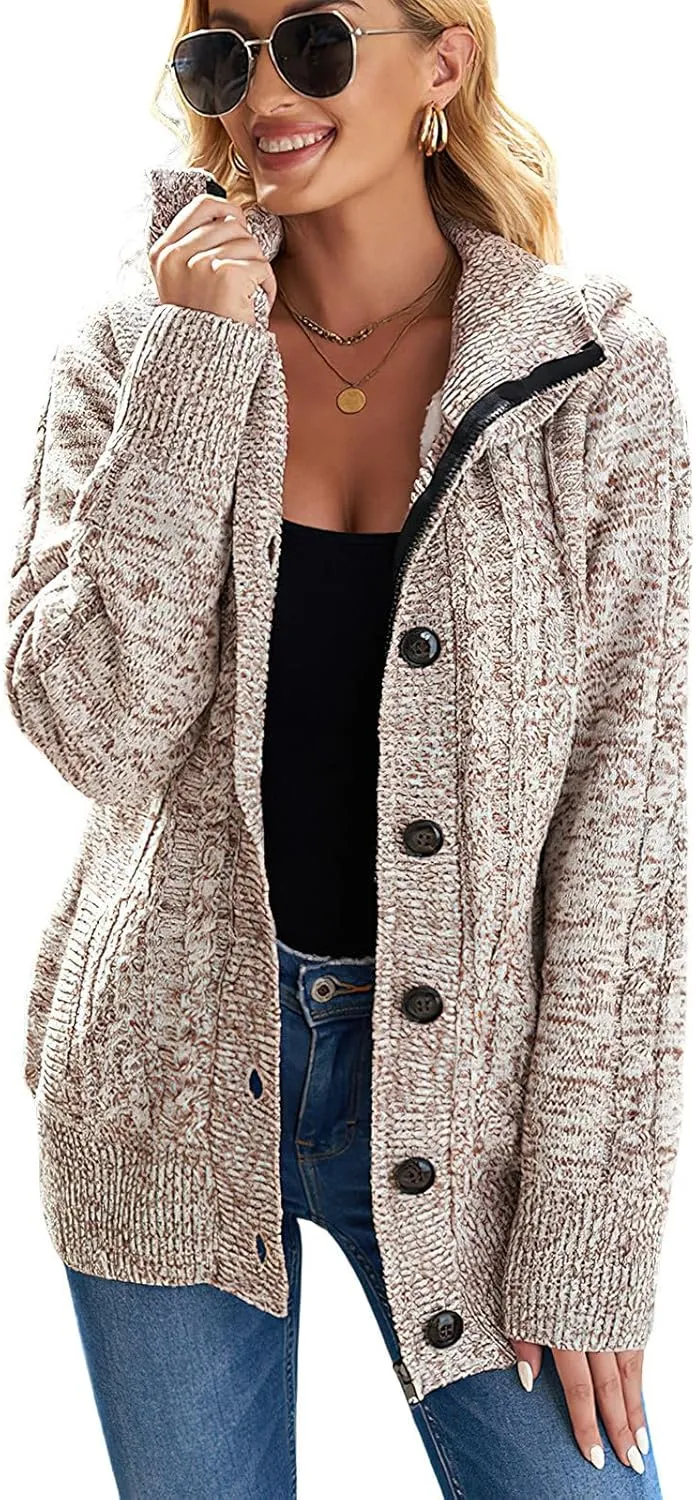 ebossy Women's Button Down Cable Knit Cardigan Sweater Thicken Warm Winter Hooded Fleece Lined Sherpa Coat