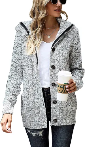 ebossy Women's Button Down Cable Knit Cardigan Sweater Thicken Warm Winter Hooded Fleece Lined Sherpa Coat
