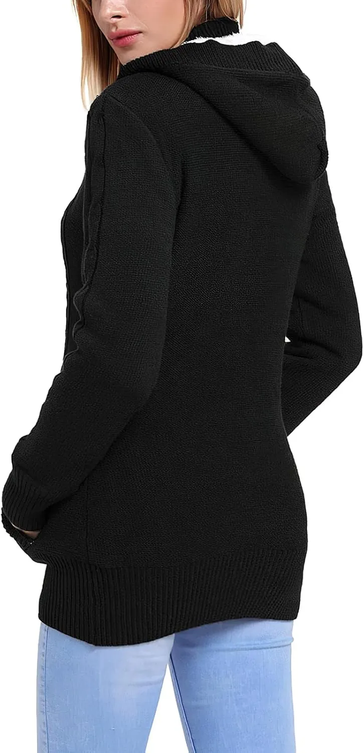 ebossy Women's Button Down Cable Knit Cardigan Sweater Thicken Warm Winter Hooded Fleece Lined Sherpa Coat