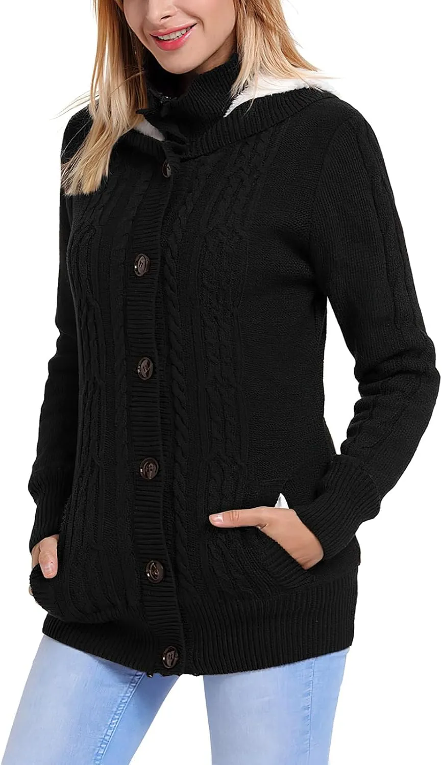 ebossy Women's Button Down Cable Knit Cardigan Sweater Thicken Warm Winter Hooded Fleece Lined Sherpa Coat
