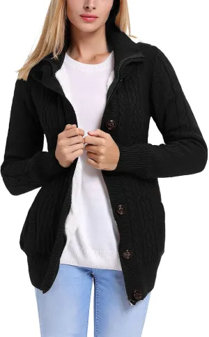 ebossy Women's Button Down Cable Knit Cardigan Sweater Thicken Warm Winter Hooded Fleece Lined Sherpa Coat