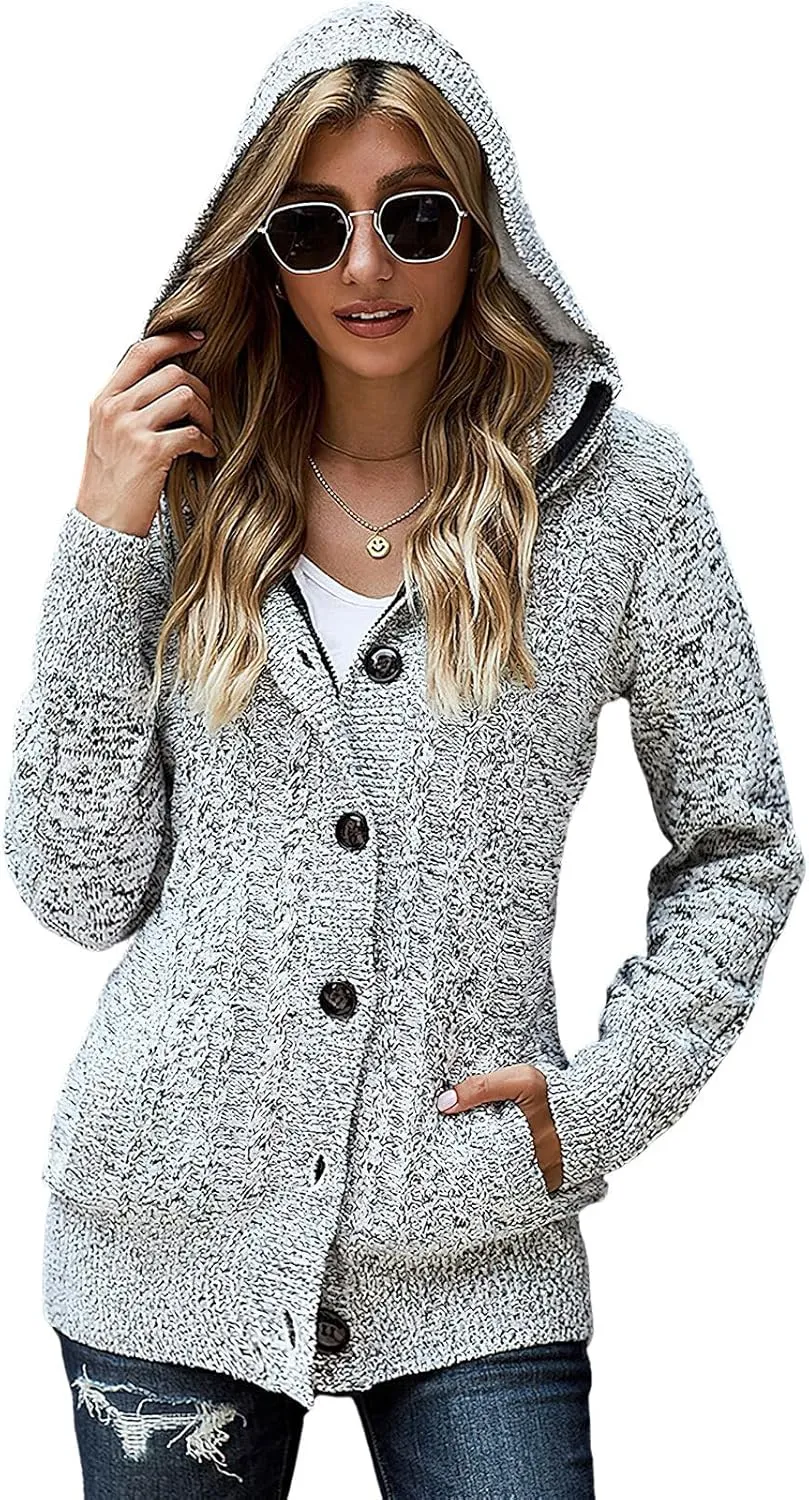 ebossy Women's Button Down Cable Knit Cardigan Sweater Thicken Warm Winter Hooded Fleece Lined Sherpa Coat