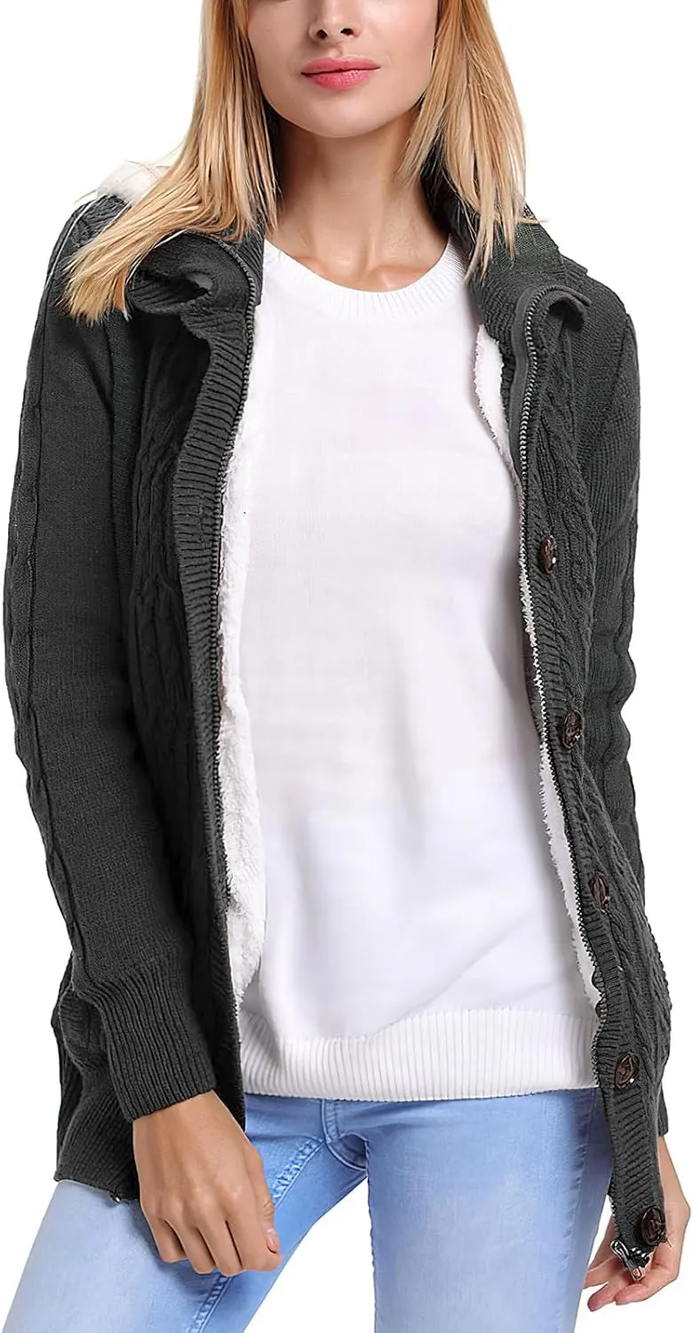 ebossy Women's Button Down Cable Knit Cardigan Sweater Thicken Warm Winter Hooded Fleece Lined Sherpa Coat