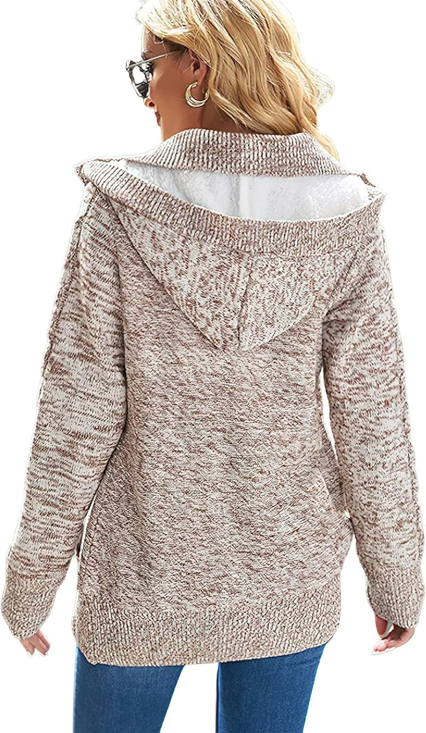 ebossy Women's Button Down Cable Knit Cardigan Sweater Thicken Warm Winter Hooded Fleece Lined Sherpa Coat