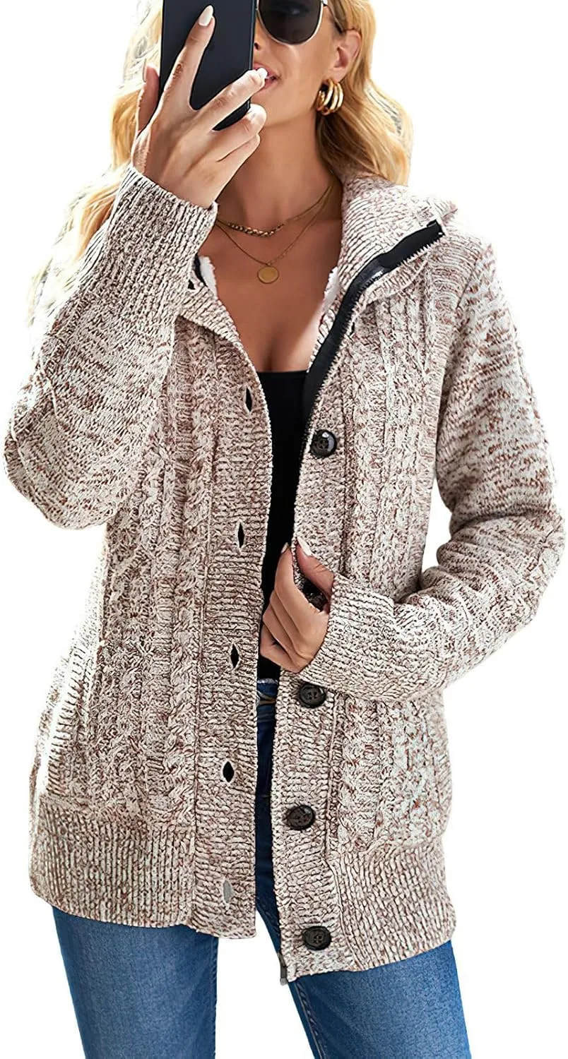 ebossy Women's Button Down Cable Knit Cardigan Sweater Thicken Warm Winter Hooded Fleece Lined Sherpa Coat