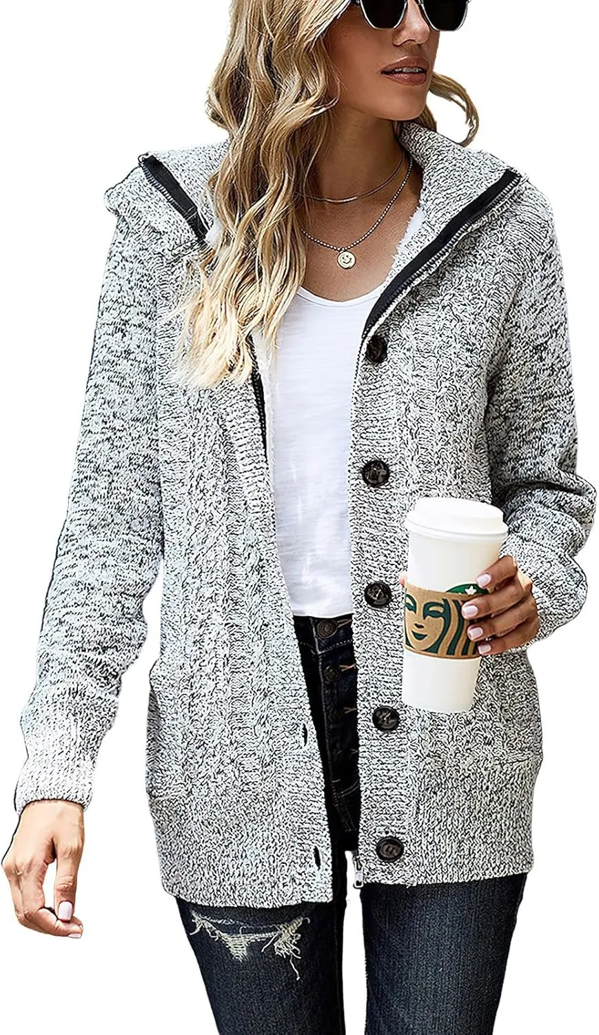 ebossy Women's Button Down Cable Knit Cardigan Sweater Thicken Warm Winter Hooded Fleece Lined Sherpa Coat