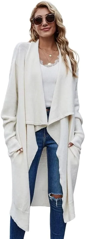 ebossy Women's Shawl Collar Open Front Knitted Long Cardigan Elegant Solid Color Loose Fit Sweater Outwear