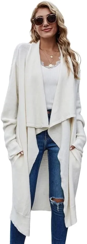 ebossy Women's Shawl Collar Open Front Knitted Long Cardigan Elegant Solid Color Loose Fit Sweater Outwear
