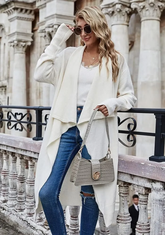 ebossy Women's Shawl Collar Open Front Knitted Long Cardigan Elegant Solid Color Loose Fit Sweater Outwear