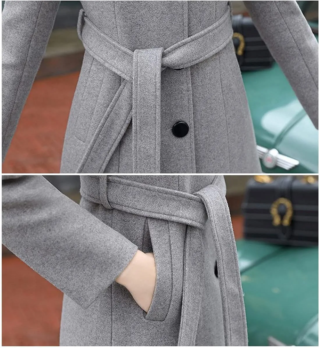 ebossy Women's Single Breasted Trench Jacket Coats Slim Fit Mid Long Wool Blend Windproof Overcoat with Belt