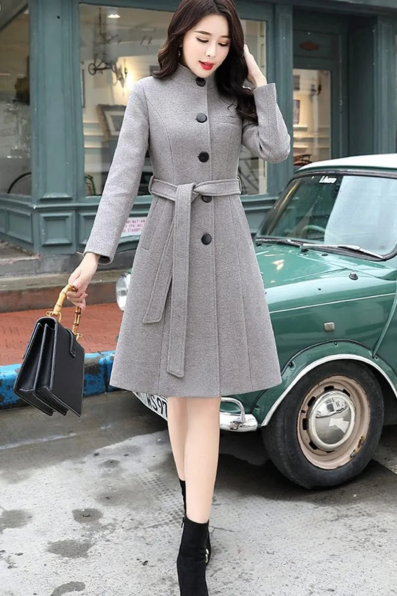 ebossy Women's Single Breasted Trench Jacket Coats Slim Fit Mid Long Wool Blend Windproof Overcoat with Belt