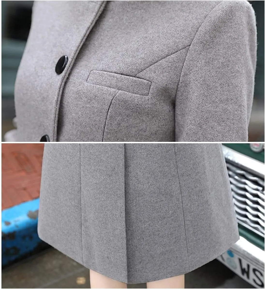 ebossy Women's Single Breasted Trench Jacket Coats Slim Fit Mid Long Wool Blend Windproof Overcoat with Belt