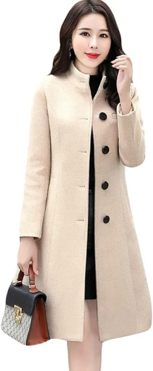 ebossy Women's Single Breasted Trench Jacket Coats Slim Fit Mid Long Wool Blend Windproof Overcoat with Belt
