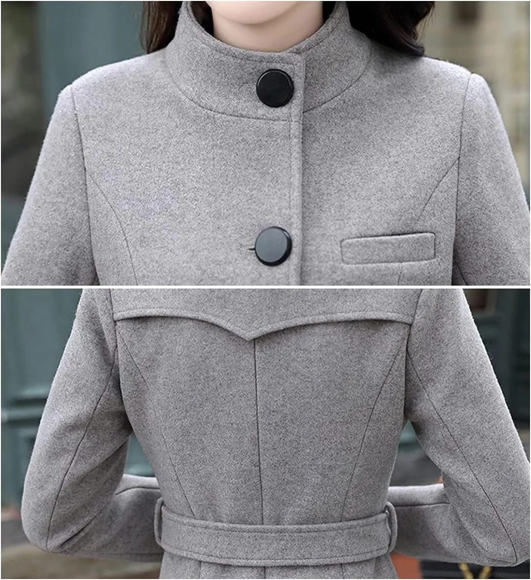 ebossy Women's Single Breasted Trench Jacket Coats Slim Fit Mid Long Wool Blend Windproof Overcoat with Belt