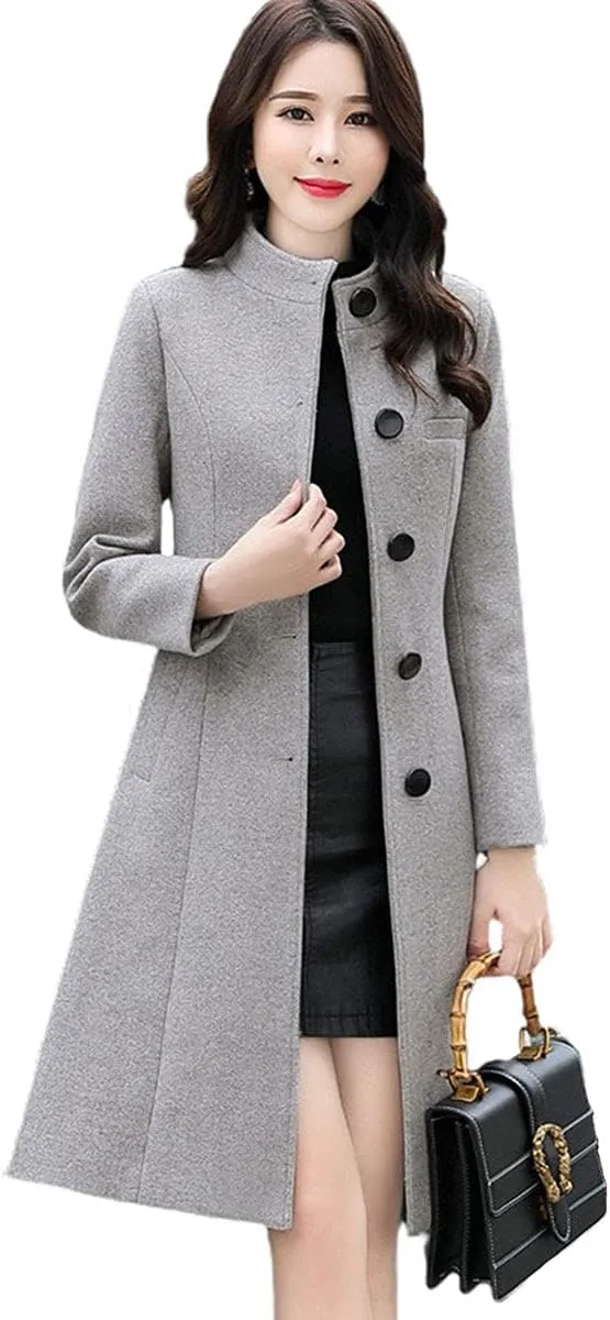 ebossy Women's Single Breasted Trench Jacket Coats Slim Fit Mid Long Wool Blend Windproof Overcoat with Belt