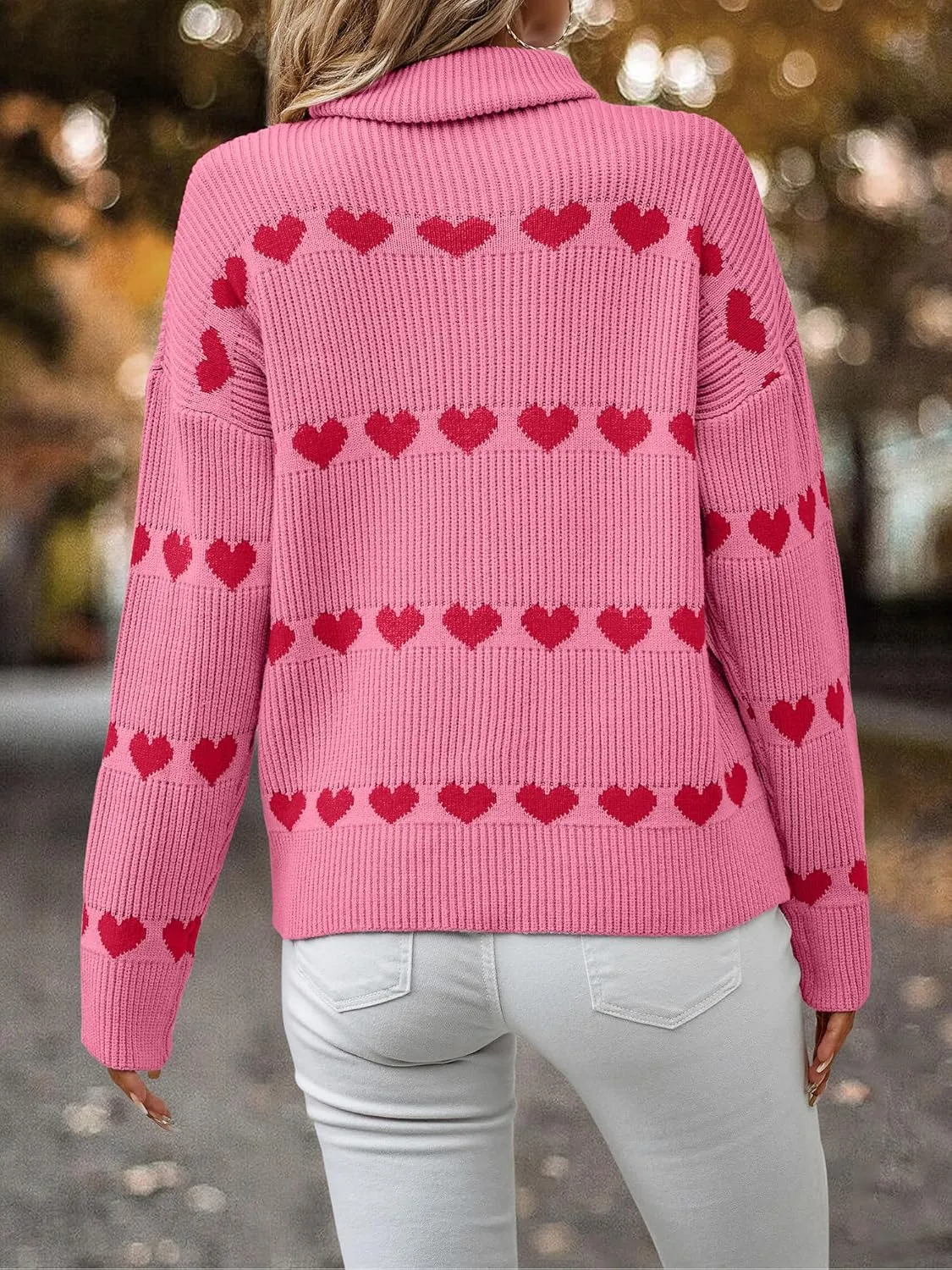 ECOWISH Women Valentine Heart Sweater V Neck Embroidery Knit Loose Casual Long Sleeve Ribbed Pullover Sweaters