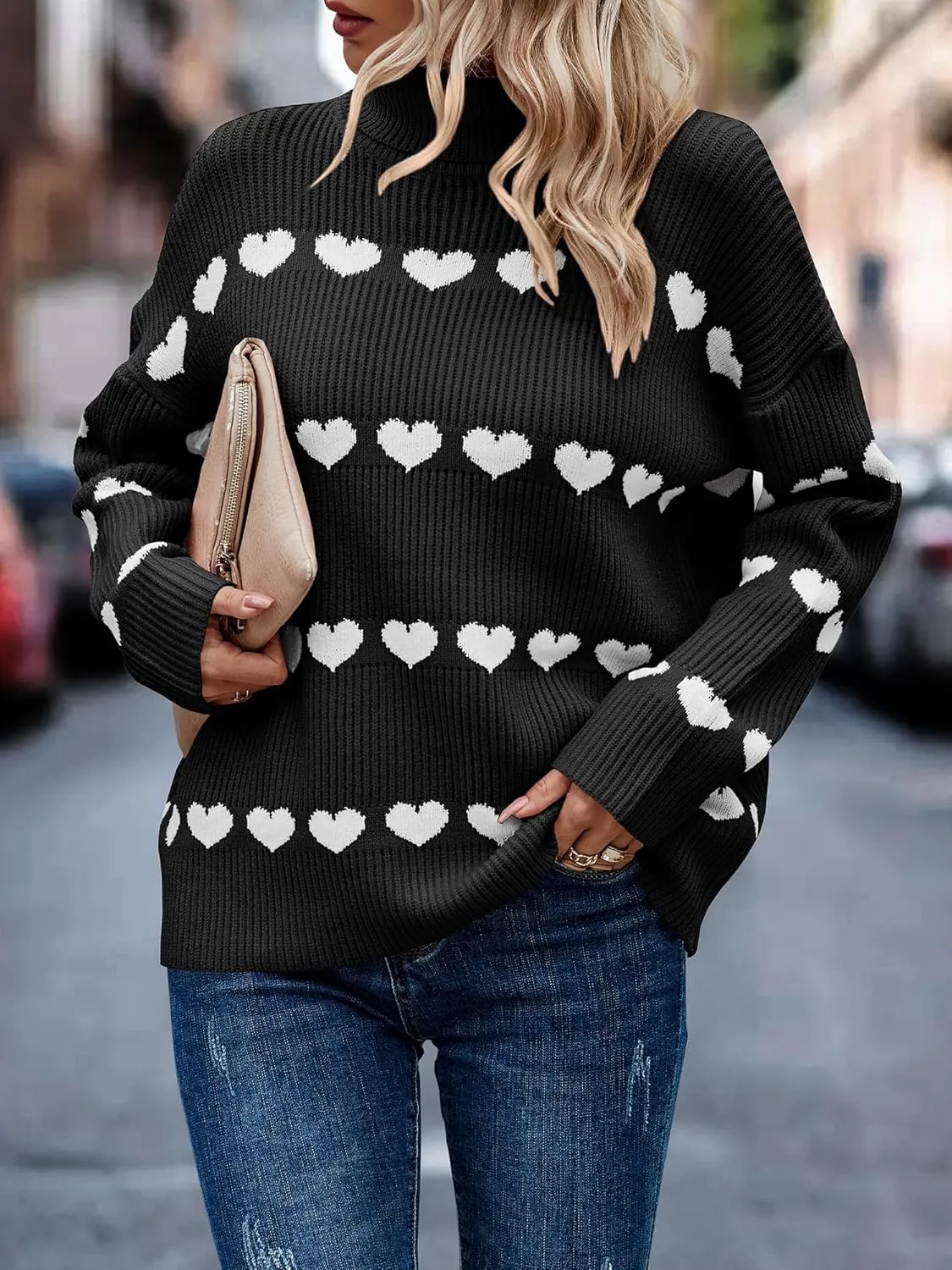 ECOWISH Women Valentine Heart Sweater V Neck Embroidery Knit Loose Casual Long Sleeve Ribbed Pullover Sweaters