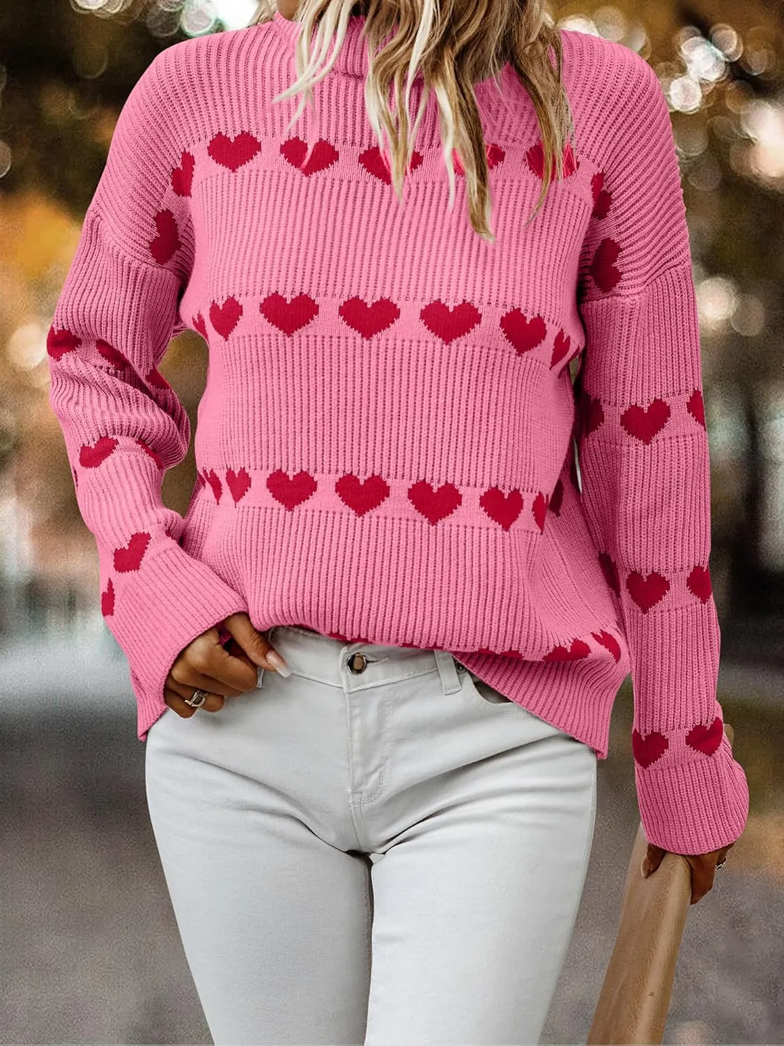 ECOWISH Women Valentine Heart Sweater V Neck Embroidery Knit Loose Casual Long Sleeve Ribbed Pullover Sweaters