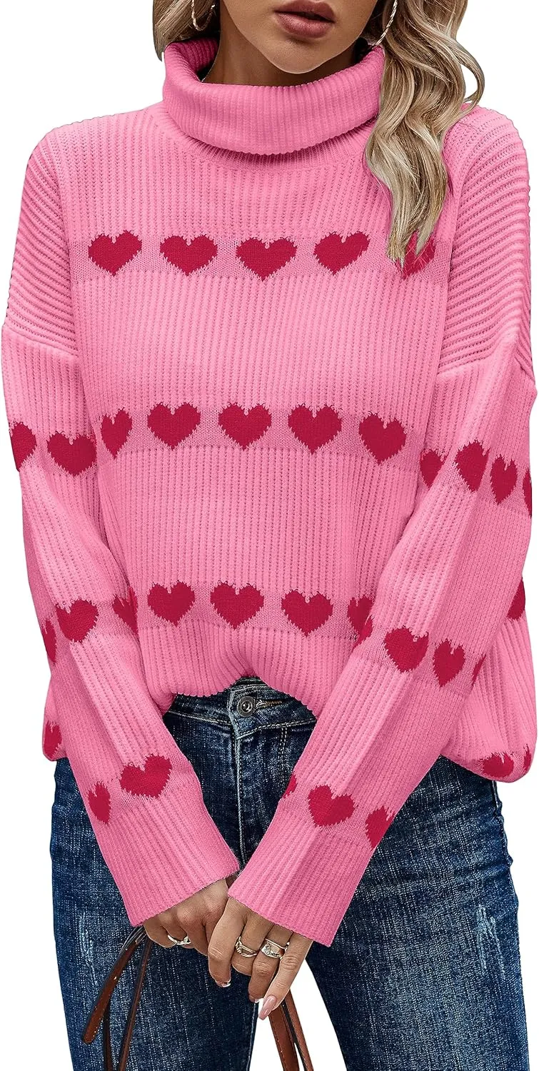 ECOWISH Women Valentine Heart Sweater V Neck Embroidery Knit Loose Casual Long Sleeve Ribbed Pullover Sweaters