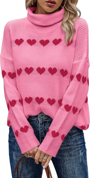 ECOWISH Women Valentine Heart Sweater V Neck Embroidery Knit Loose Casual Long Sleeve Ribbed Pullover Sweaters