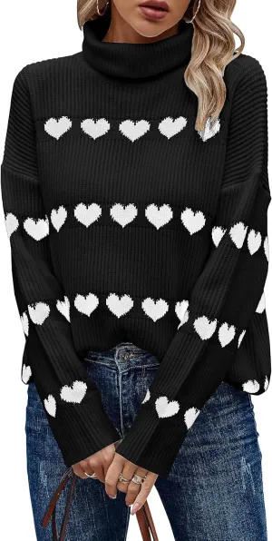ECOWISH Women Valentine Heart Sweater V Neck Embroidery Knit Loose Casual Long Sleeve Ribbed Pullover Sweaters