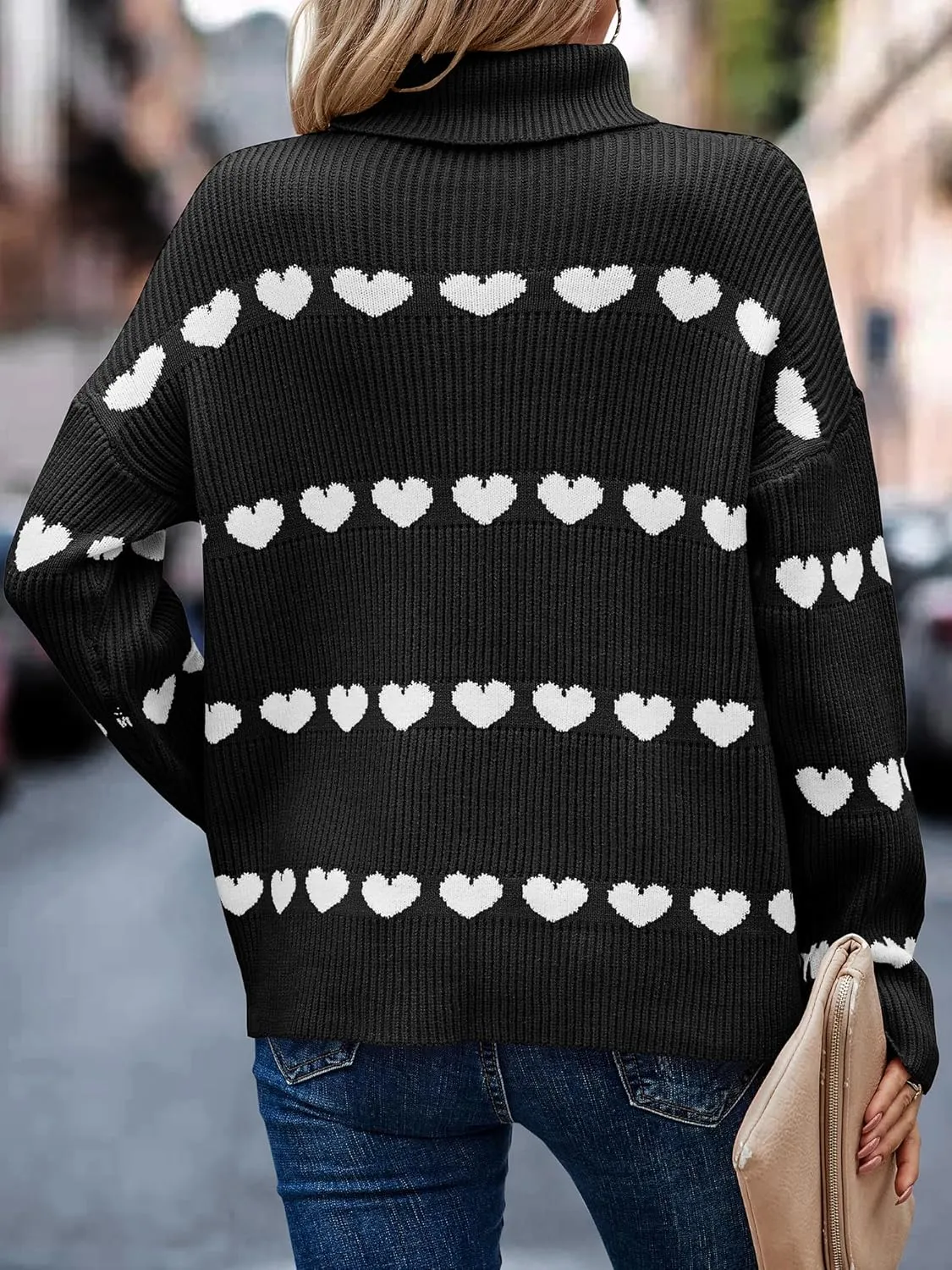 ECOWISH Women Valentine Heart Sweater V Neck Embroidery Knit Loose Casual Long Sleeve Ribbed Pullover Sweaters