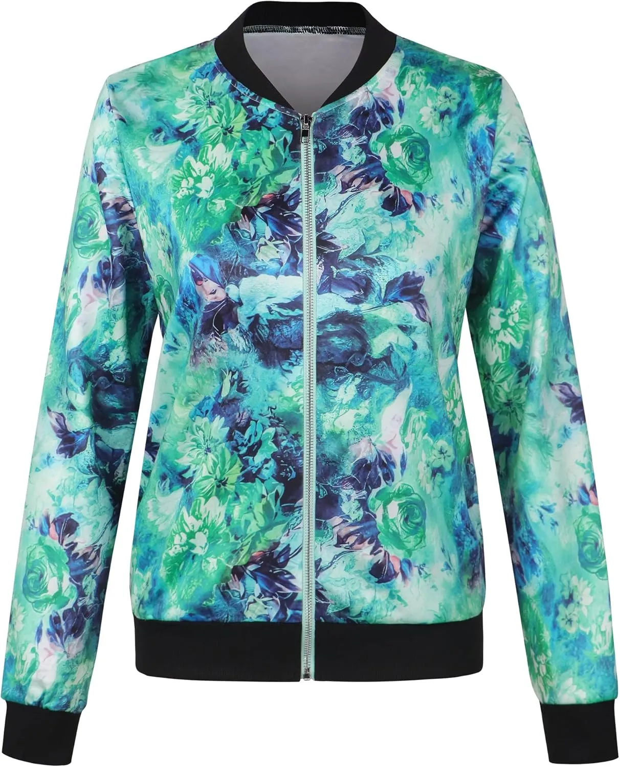 ECOWISH Women's Casual Floral Zip Up Bomber Jacket Coat Lightweight Short Camo No Lining Outwear Tops Windbreaker with Pocket