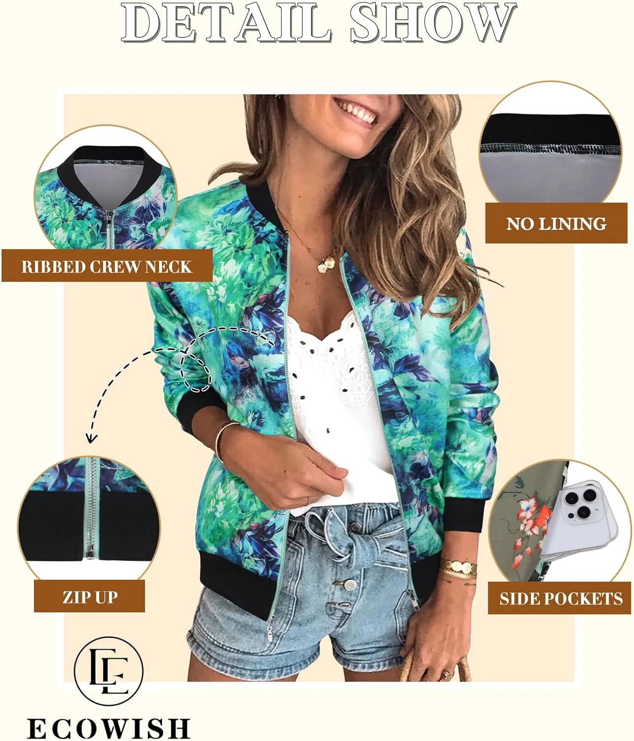 ECOWISH Women's Casual Floral Zip Up Bomber Jacket Coat Lightweight Short Camo No Lining Outwear Tops Windbreaker with Pocket