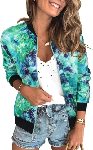 ECOWISH Women's Casual Floral Zip Up Bomber Jacket Coat Lightweight Short Camo No Lining Outwear Tops Windbreaker with Pocket