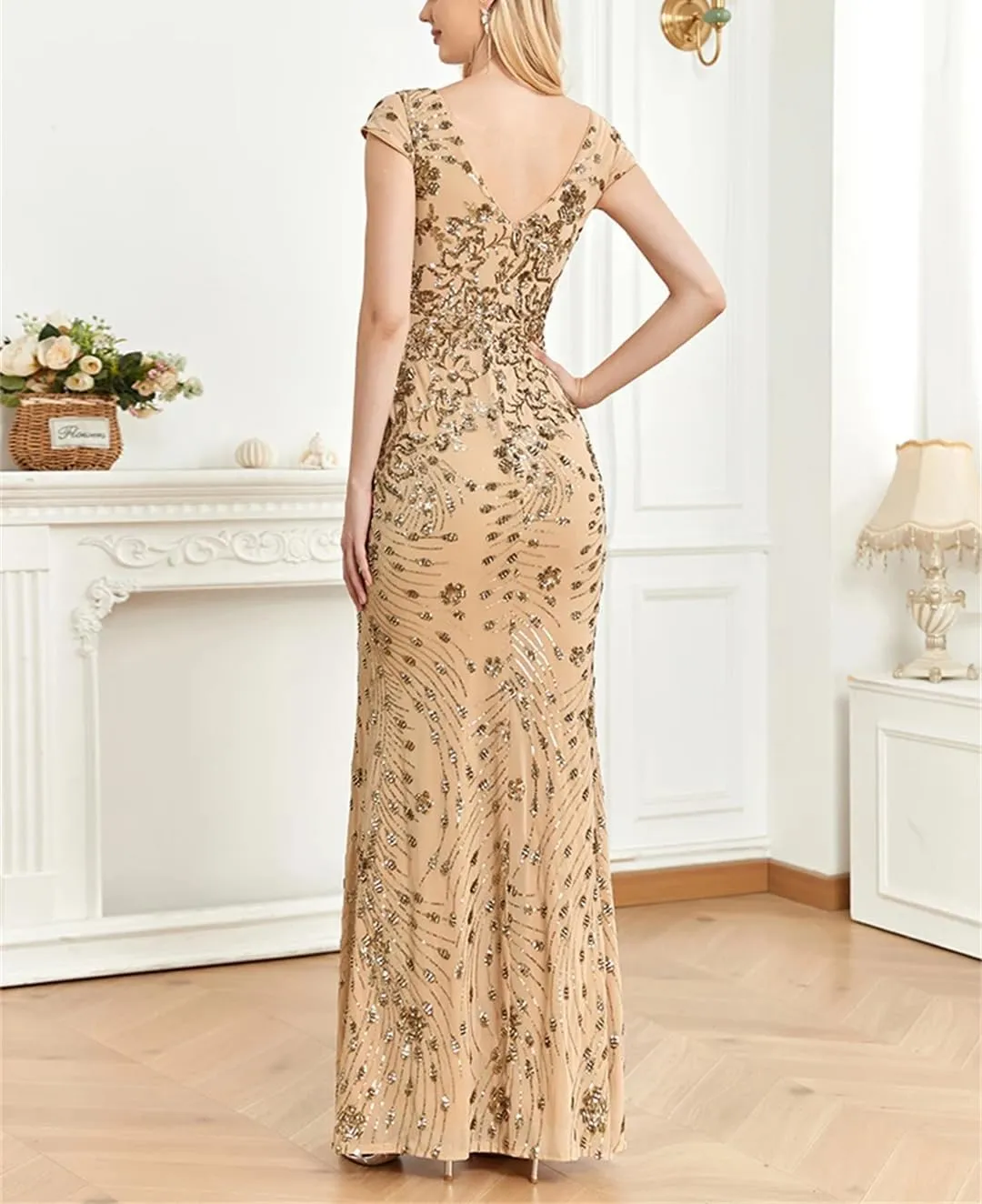 Elegant Champagne Evening Dress for Women Long Luxury Mermaid Formal Sequins Prom Wedding Party Cocktail Dresses