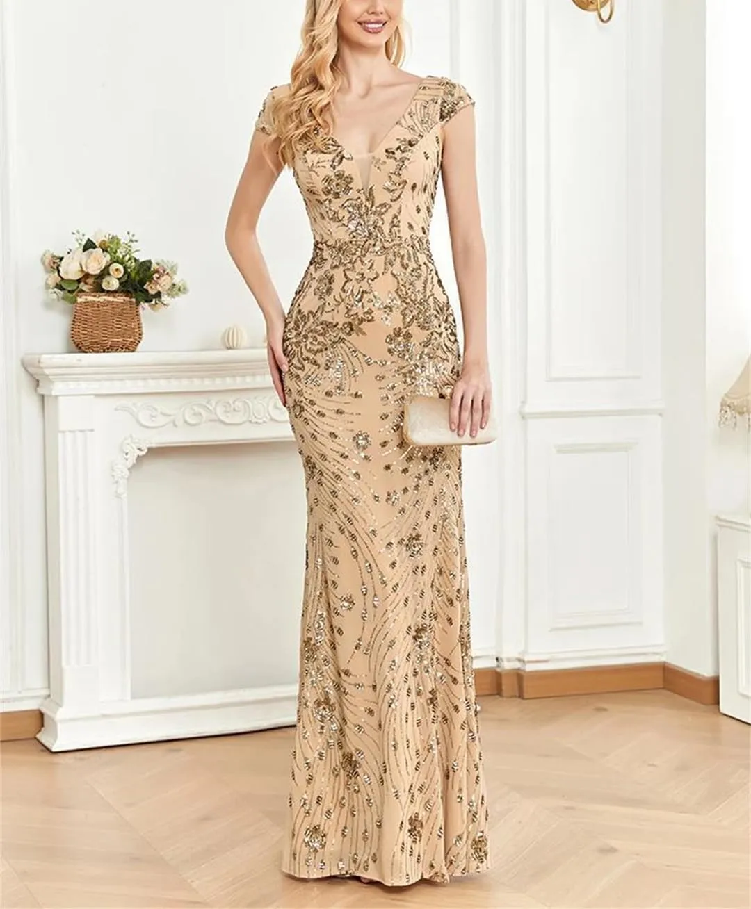 Elegant Champagne Evening Dress for Women Long Luxury Mermaid Formal Sequins Prom Wedding Party Cocktail Dresses
