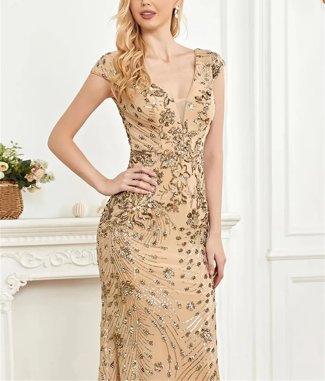 Elegant Champagne Evening Dress for Women Long Luxury Mermaid Formal Sequins Prom Wedding Party Cocktail Dresses