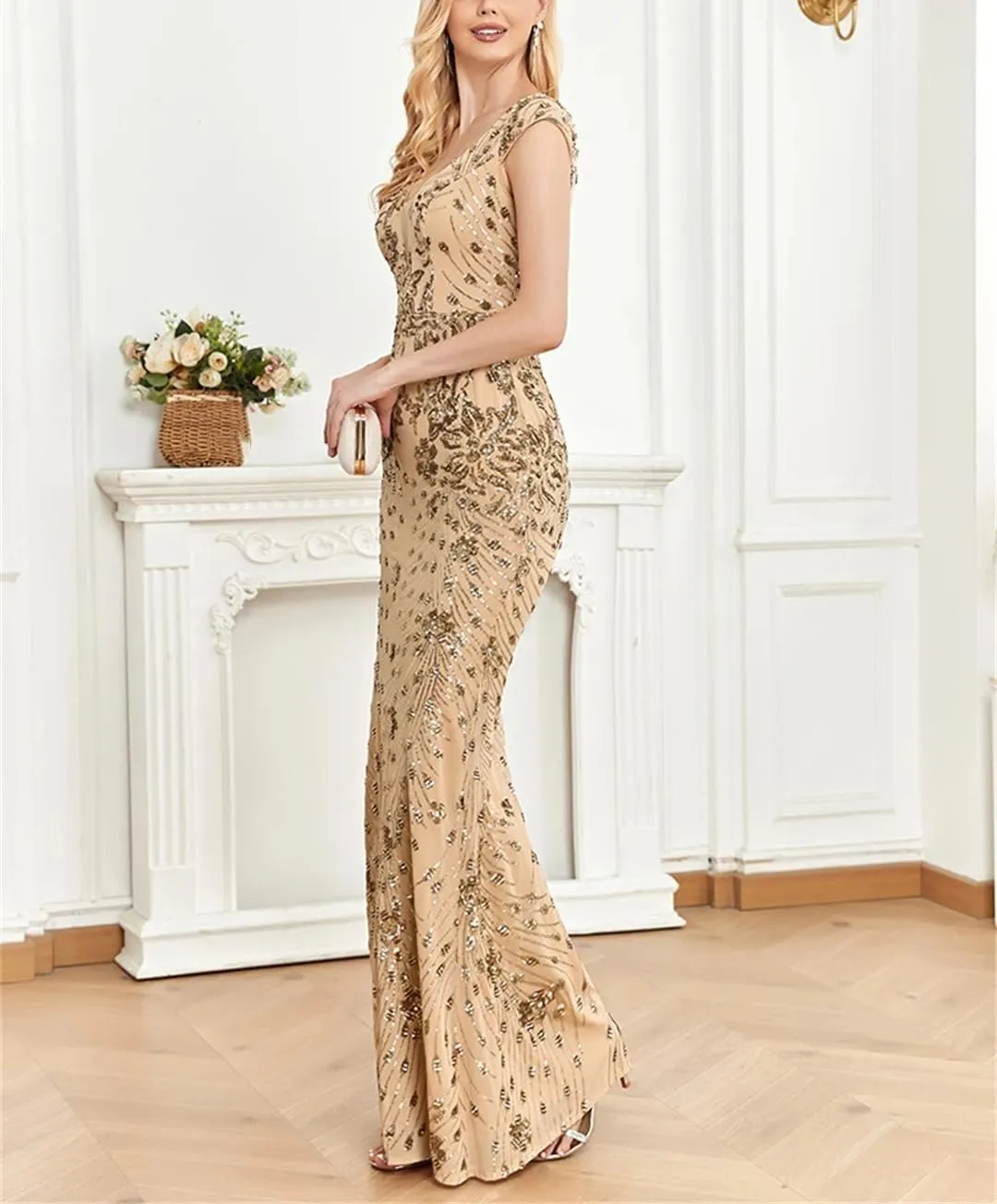 Elegant Champagne Evening Dress for Women Long Luxury Mermaid Formal Sequins Prom Wedding Party Cocktail Dresses