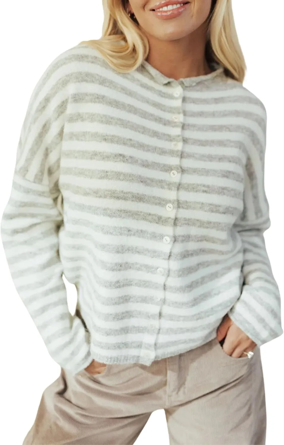 Esmeling Women's Crew Neck Casual Cardigan Sweater Open Front Wavy Long Sleeves Cropped Knit Outerwear