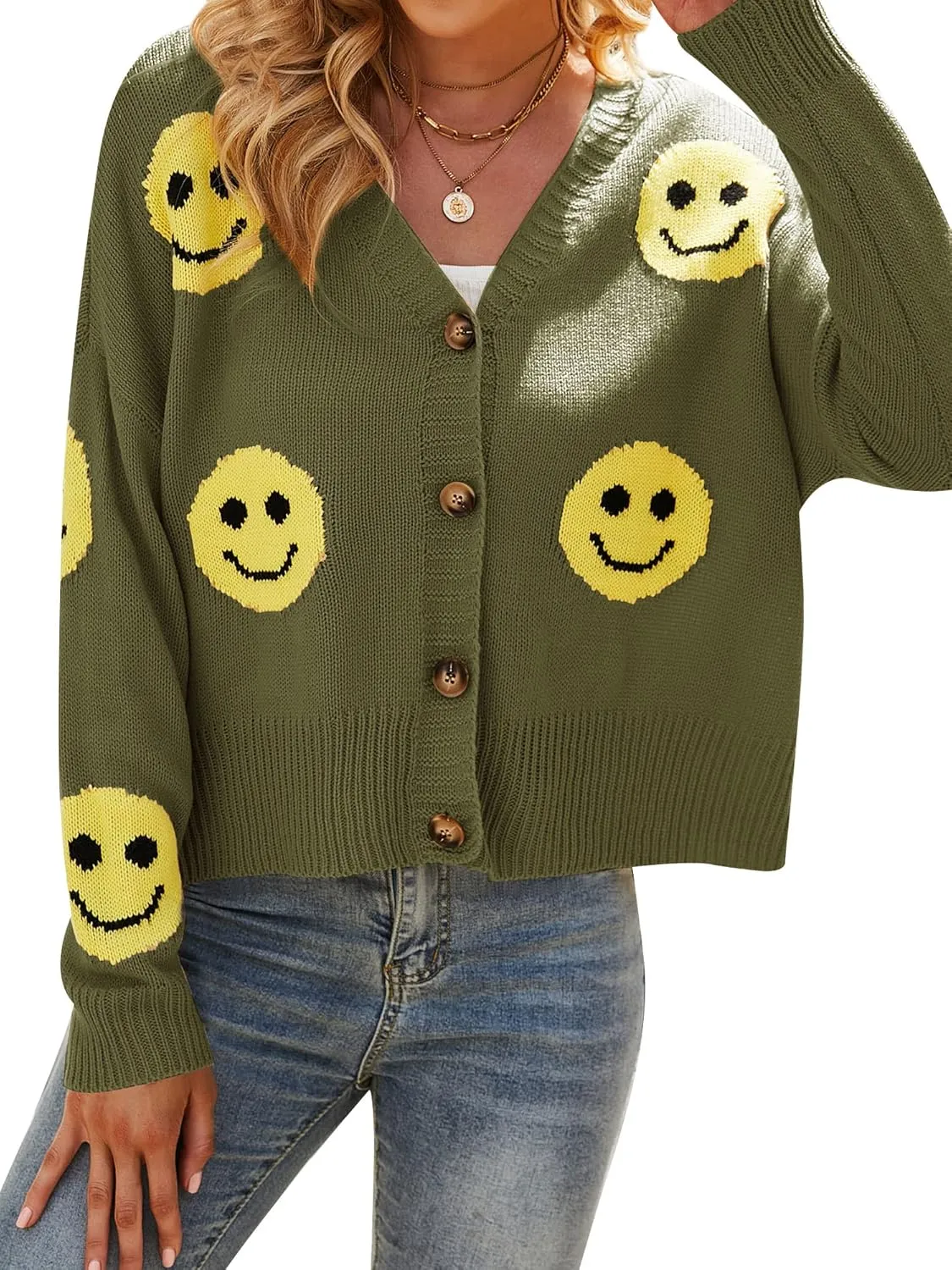Ezcosplay Women Happy Smile Cardigan Graphic Print Button Down Sweater Long Sleeve Open Front Knitwear