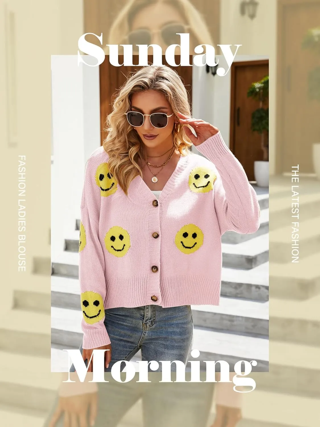 Ezcosplay Women Happy Smile Cardigan Graphic Print Button Down Sweater Long Sleeve Open Front Knitwear