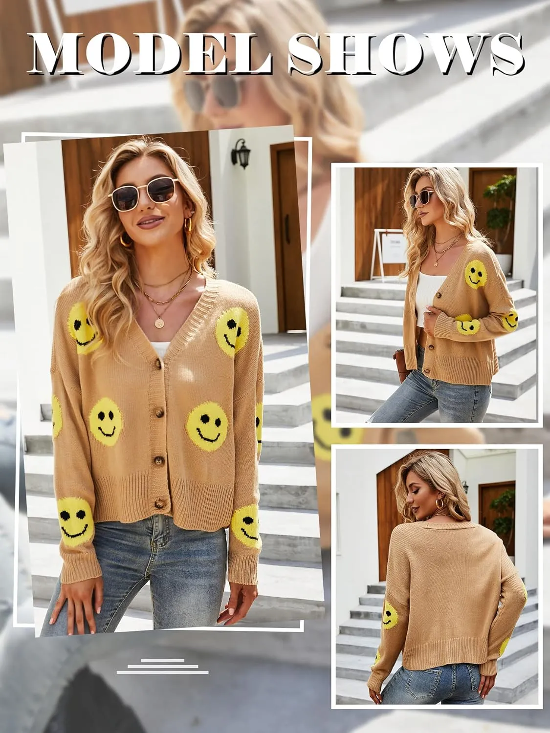 Ezcosplay Women Happy Smile Cardigan Graphic Print Button Down Sweater Long Sleeve Open Front Knitwear