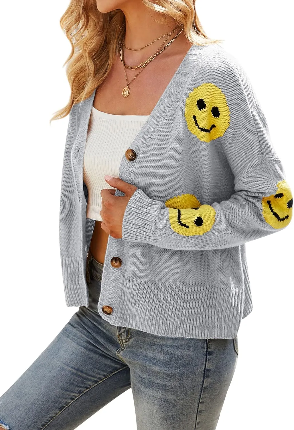 Ezcosplay Women Happy Smile Cardigan Graphic Print Button Down Sweater Long Sleeve Open Front Knitwear