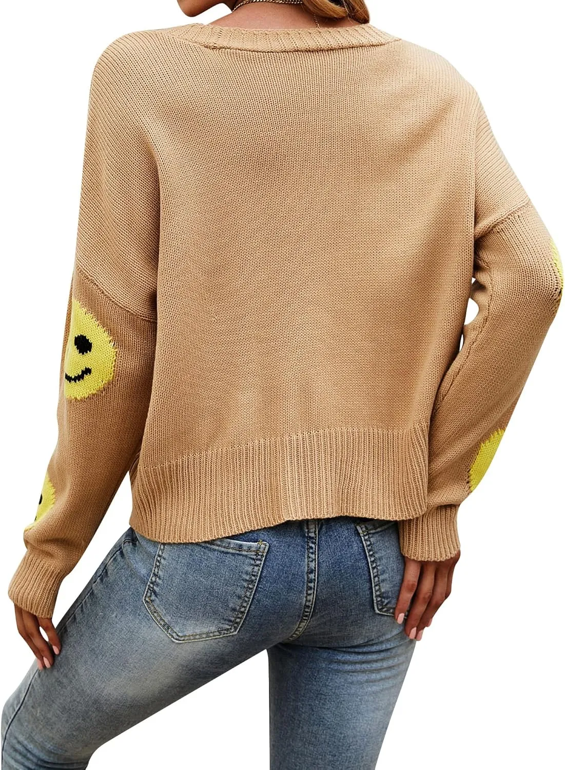 Ezcosplay Women Happy Smile Cardigan Graphic Print Button Down Sweater Long Sleeve Open Front Knitwear