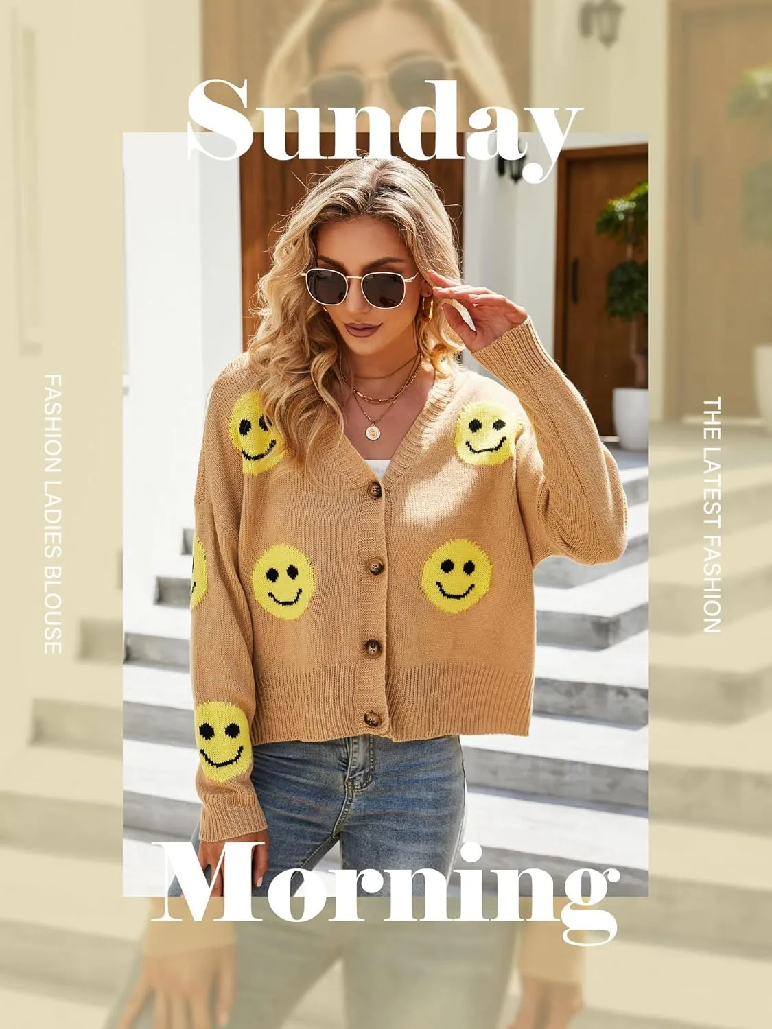 Ezcosplay Women Happy Smile Cardigan Graphic Print Button Down Sweater Long Sleeve Open Front Knitwear
