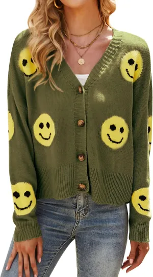 Ezcosplay Women Happy Smile Cardigan Graphic Print Button Down Sweater Long Sleeve Open Front Knitwear
