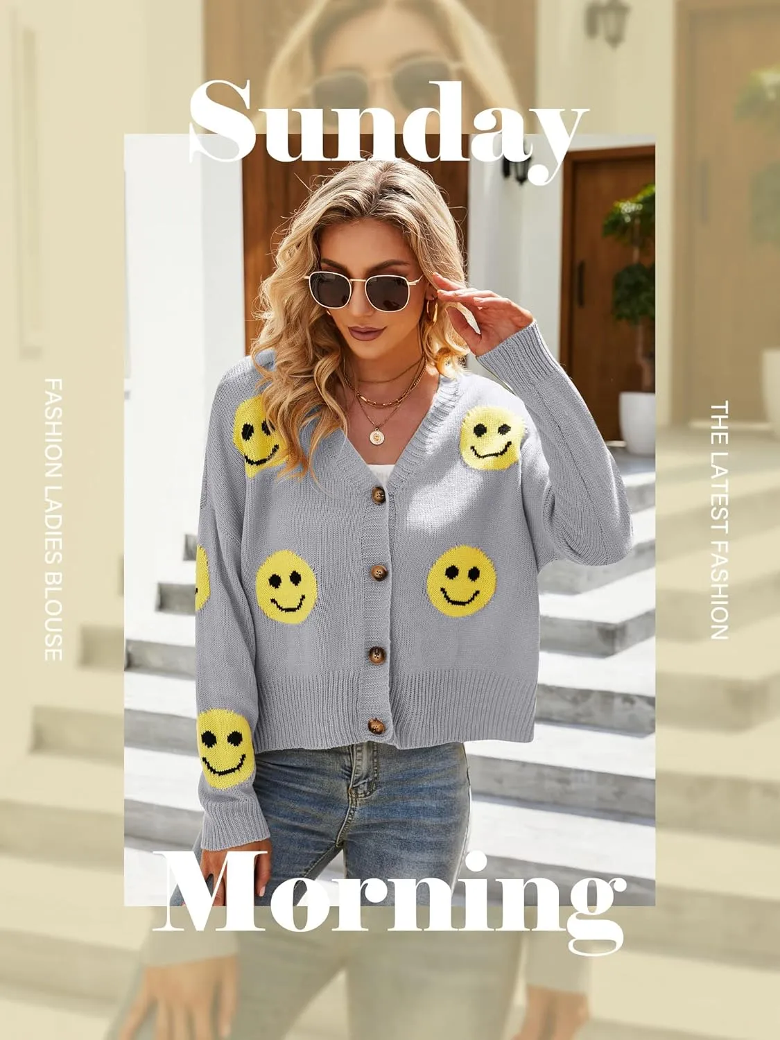 Ezcosplay Women Happy Smile Cardigan Graphic Print Button Down Sweater Long Sleeve Open Front Knitwear