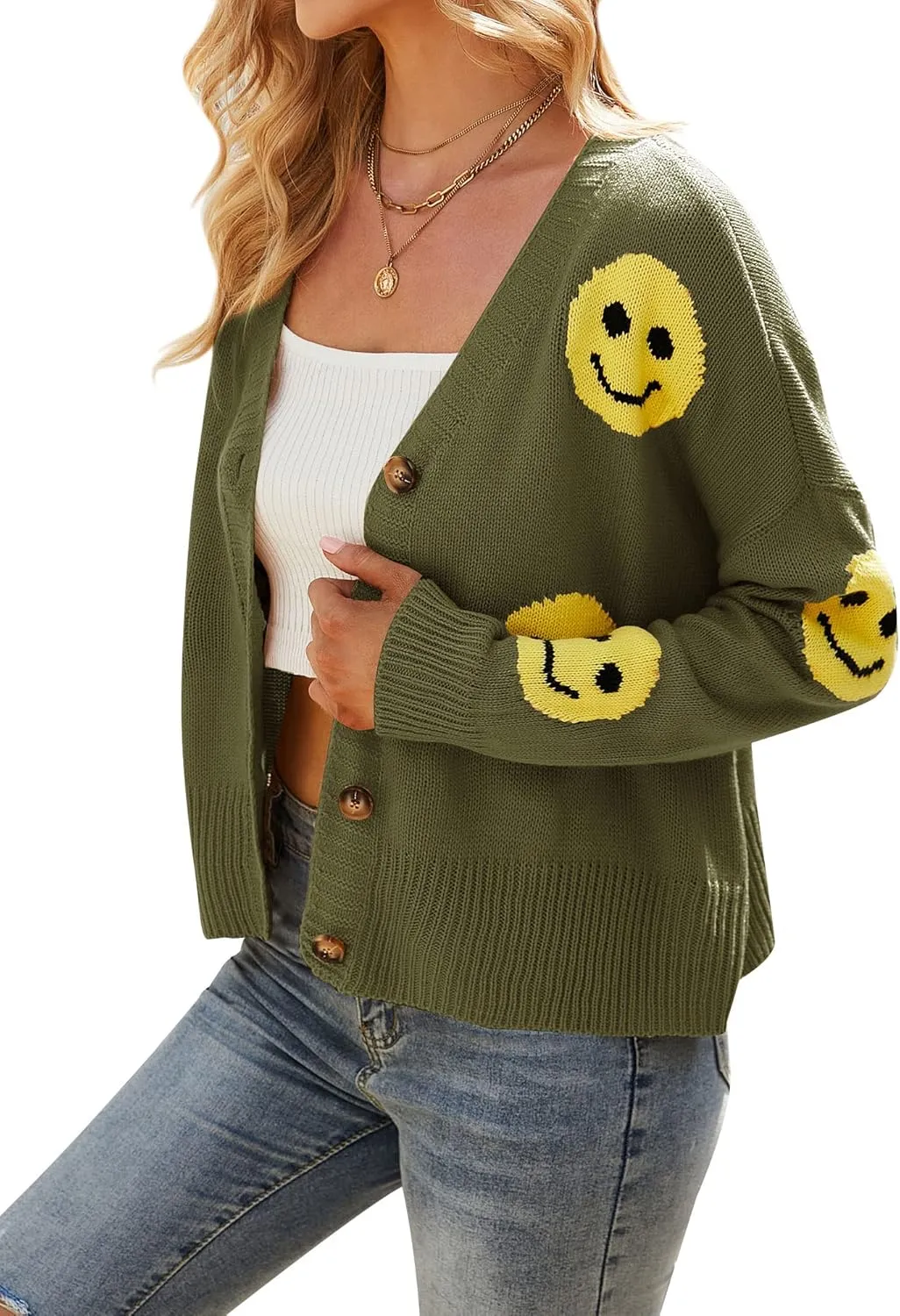 Ezcosplay Women Happy Smile Cardigan Graphic Print Button Down Sweater Long Sleeve Open Front Knitwear